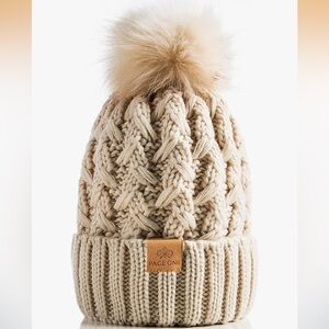 PAGE ONE Winter Ribbed Beanie Crossed Cap Chunky Cable Knit Pompom Soft Warm Hat